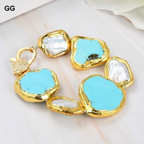 GuaiGuai Jewelry Cultured White Rectangle Keshi Pearl Blue Turquoise Gold Plated Bracelet 9"