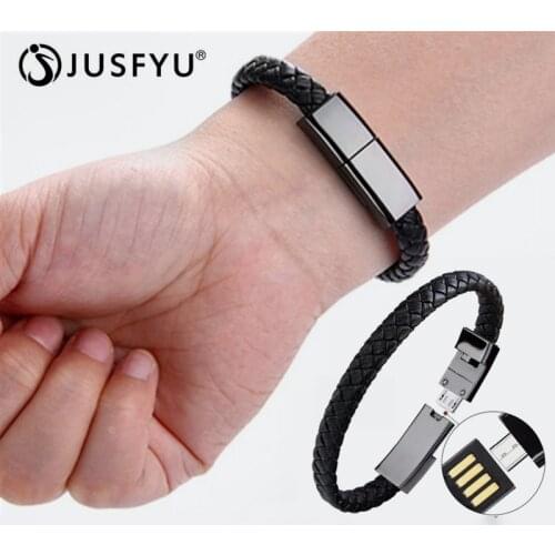 JUSFYU Lether USB Data Synchronize Cable Braided Bracelets Bangles for iphone X 6s Phone Charger Punk USB Charging Cable Jewelry