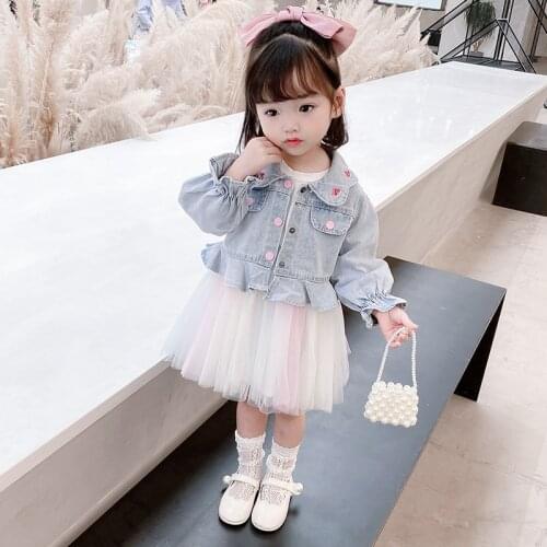Girls Clothing Set 2020 Autumn New Korean Style Denim Jacket Baby Fall Princess Tutu Dress 2-Piece Suit