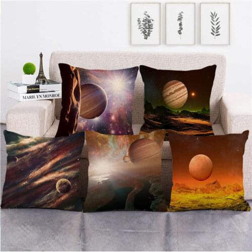 Cute Vintage Earth Space One Side Print Cushion Cover Linen Pillow Cover for Home Sofa Seat Throw Covers Decoration 45x45cm