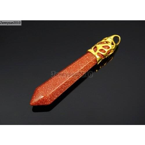 Natural Gold Sand Gems Stones Long Hexagonal Pointed Reiki Chakra Gold Pendant Beads Necklace Jewelry 10Pcs/Pack