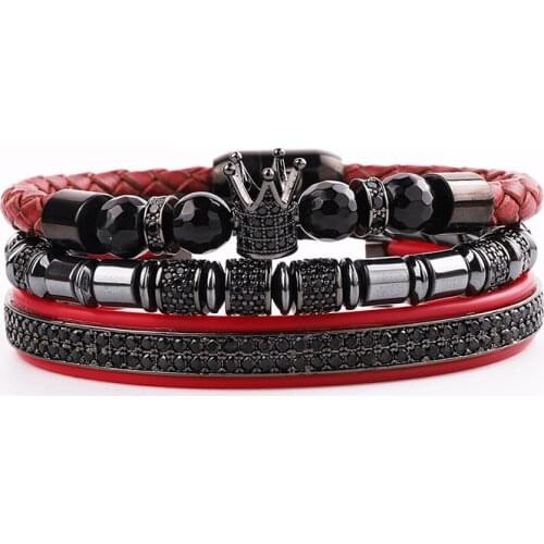 New Design Luxury Men Jewelry Set Hematite Leather CZ Micro Pave Crown Charm Cuff Bracelet Bangle