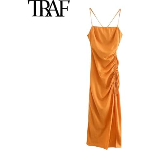 TRAF Women Chic Fashion Draped Detail with Adjustable Tie Midi Dress Vintage Backless Side Zipper Straps Female Dresses