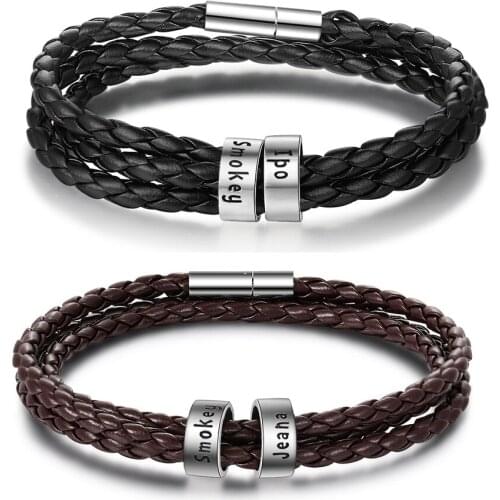 Personalized Brown Braided Leather Bracelet with Beads Custom Family Names ID Bracelets & Bangles Wrap Wristband Gifts for Men
