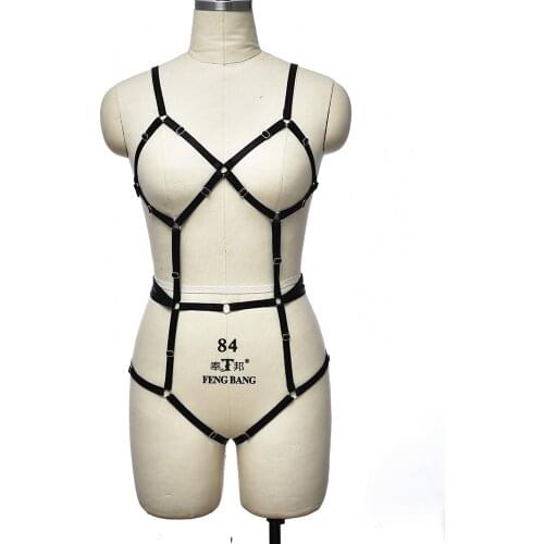 Fetish Body Harness Belt Set Goth Bondage Body Cage Sexy Lingerie Bra Black Punk Bodysuit Adjustable Bottom Pantie G-string