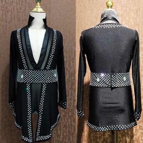Boys Latin Dance Shirts Shiny Rhinestone Long Sleeve V-Neck Rumba Cha Cha Samba Tango Salsa Competition Performance Top DN4347