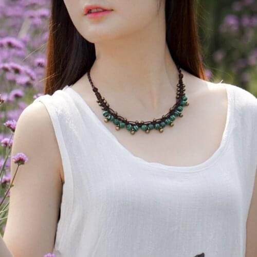 Light Yellow Gold Color Malachite Stone Beads Pendant Handmade Weave Rope Chain Necklace Greem Turquoises Jewelry