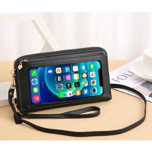 Women Long Crossbody Bag Female Simple Touch Screen Wrist Phone Purse Large Capacity Pure Color Leather Ladies Messenger Wallet