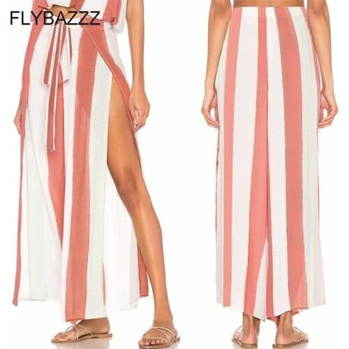 Women Wide Leg Pants 2019 Summer Hot Sexy High Split Yoga Pants High Waist Loose Palazzo Pants Striped Long Trousers Beach Pants