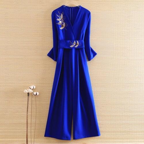 New style autumn Women jumpsuits Chinese style V-Neck Retro embroidery Crane high waist elegant lady loose Rompers S-2XL