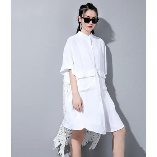 Women White Dress New Back Lace Hollow Out Big Size Stand Collar Half Sleeve Loose Lady Vestidos Spring Summer 2021 Fashion Robe