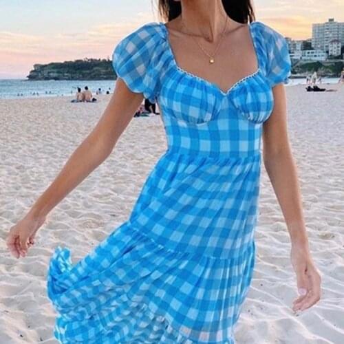 Hirigin Blue Plaid Hem Maxi Bodycon Dress Short Puff Sleeve Backless Lace-up Long Dress Sexy Women Summer Beach Vacation Outfits