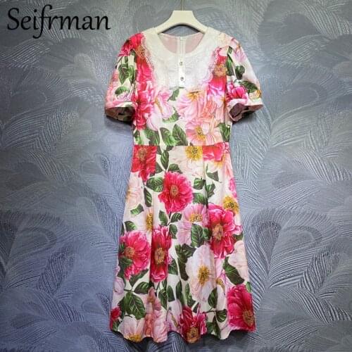 Seifrmann New 2021 Summer Women Fashion Runway Midi Dress Lantern Sleeve Ruffles Vintage Print Ladies A-Line Dresses Vestidos