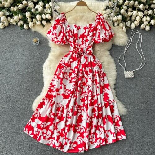 Europe Style 2021 Summer Elegant Womens Retro Puff Short Sleeve Square Collar Floral A Line Dress Female Party Dresses