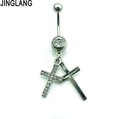 JINGLANG Brand New Fashion Belly Button Rings Stainless Steel Barbell Dangle Double Cross Navel Piercing Jewelry