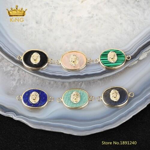 5pcs Oval Connectors Stones Charms for Jewelry Making,Gold Lion Head Paved Malachite Agates Quartz Lapis Beads DIY Chokers Bulk