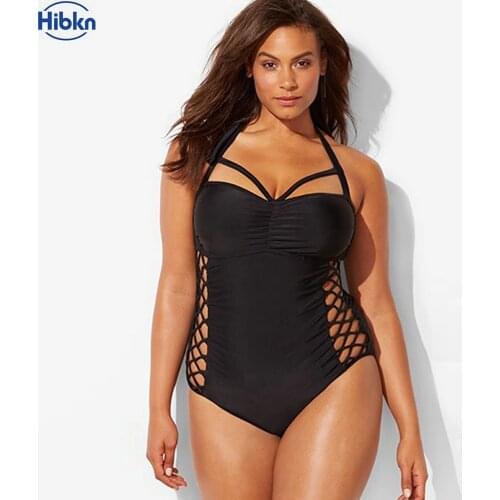 PLUS SIZE one piece swimsuit black bandage swimwear large sizes cut out monokini plus size bodysuit push up swimsuit women