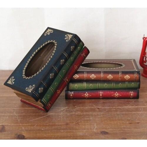 Retro European-style Wooden Paper Pumping Box Simulation Book Hand-painted Tissue Box Art Restaurant Shop Decoration