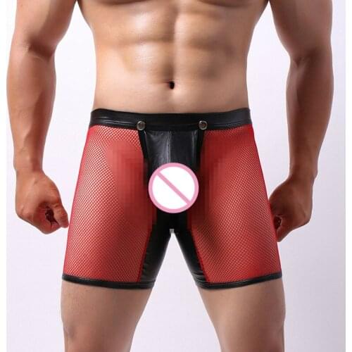 Mens Leather Middle Pants Fine Mesh Matching Color Three Minute Pants Tight Sexy Patent-Leather Shorts Men Boxer Underwear Men