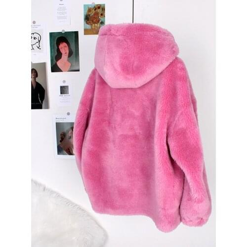 Cashmere Real Fur Coat Female Coat Sheep Hair Long Coat Wool Composite Fur Women Woolen Furry Short Jacket With Hat