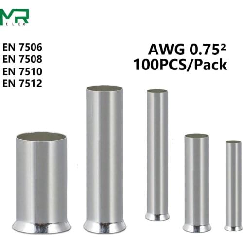 100PCS EN7506 EN7508 EN7510 EN7512 cold pressed end 0.75² Electrical Cable Terminal Copper Bare Tinned Crimp Terminal