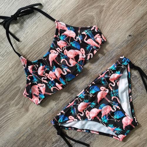2021 Girls Swimsuit Flamingo Print 2 Piece Childrens Swimwear 7-14 Years Girl Bikini Set Halter Top Girl Bathing Suit Beachwear