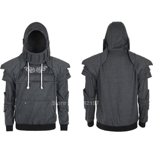 Men Drawstring Masked Hoodies Carnival Medieval Warrior Rider Tops Hooded Samurai Ninja Carnival Cosplay Costumes with Elbow Pad