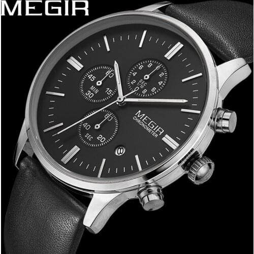 MEGIR Watch Men Waterproof Chronograph Military Male Clock Top Brand Luxury Black Genuine Leather Man Sport Wristwatch Gift 2011