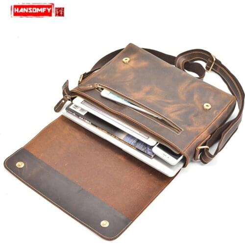 Mens Briefcase Shoulder Messenger Bag Genuine Leather Handbag Laptop Briefcases Retro Flap Buckle Business Crazy Horse Leather