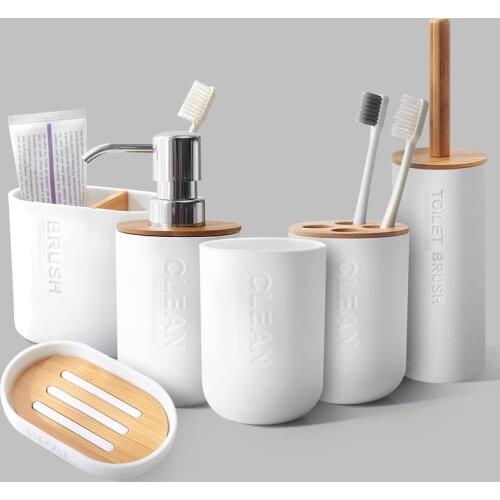 6Pcs Bamboo Bathroom Set Toothbrush Holder Toilet Brush Cup Soap Holder Press Emulsion Dispenser Container Bathroom Accessories