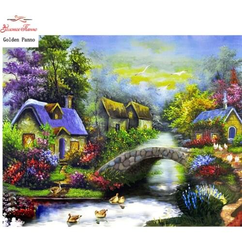 Golden Panno,Needlework,DIY DMC Cross stitch,Sets For Embroidery kit 14ct unprinted Waterfront cottage cross-Stitching 0109