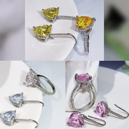 New Hot Sale Fashion Heart-shaped Pink Diamond Yellow Diamond Ring Earring Set Womens Engagement Ring Set Ring