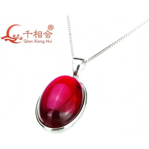 Oval shape 5# red artificial ruby color corundum necklace with silver chain pendant for women party