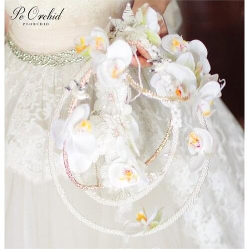 PEORCHID Butterfly Orchid Basket Bridal Bouquets Wedding Architecture Bouquet Wreath Handmade Luxury Pearl Crystal Bouquet