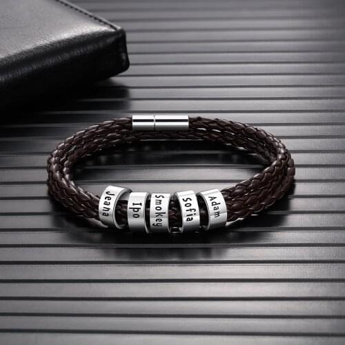 Personalized Mens Brown Braid Rope Bracelet Custom Name Beads ID Bracelets & Bangles Magnetic Clasp Gifts for Father Husband