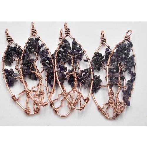 Wholesale 6pcs/lot natural stone amethysts horse eye-shaped life tree ancient copper wire wrapped pendant for jewelry marking