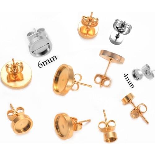 50pcs Stainless Steel Blank Earring post stud earring base settings 4/6/8/10mm dia blank cabochon bezel findings Diy Accessories