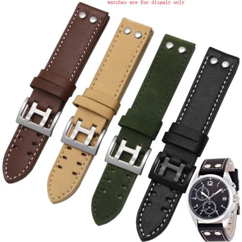 Military Style Genuine leather watchband black khaki wristband Replacement stray Hamilton watch accessories 20mm 22mm