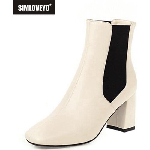 SIMLOVEYO 2021 Fashion Ladies Ankle Boots Knight Slip On Patchwork Square Toe 6CM Thick Heel Size 31-49 Black Beige Brown A4443