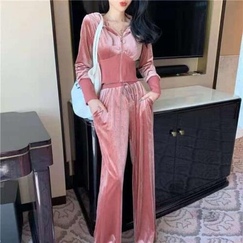 2PCS/Set Women Tracksuit Set Ladies Pink Pleuche Hooded Crop Top Loose PantStreetwear Suit Solid Suit Clothes Spring Summer S-XL