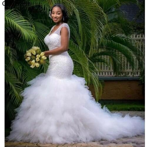 Wedding Dresses Mermaid V-Neck Sweep Train Tulle Crystal Beading Wedding Dresses With Lace Up Bridal Gowns vestido de noiva