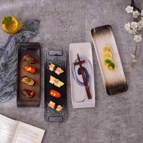 Japanese tableware dish ceramic long sushi baking plate simple Korean cuisine ceramic barbecue meat string rectangular tray