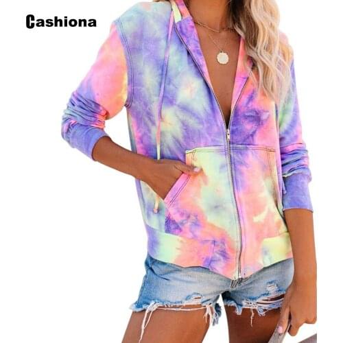 2020 New Fashion tie dry Hoodie sweatshirts Autumn Long sleeve Ladies Zipper Pullovers Casual Loose Hooded Tops Streetwear Femme