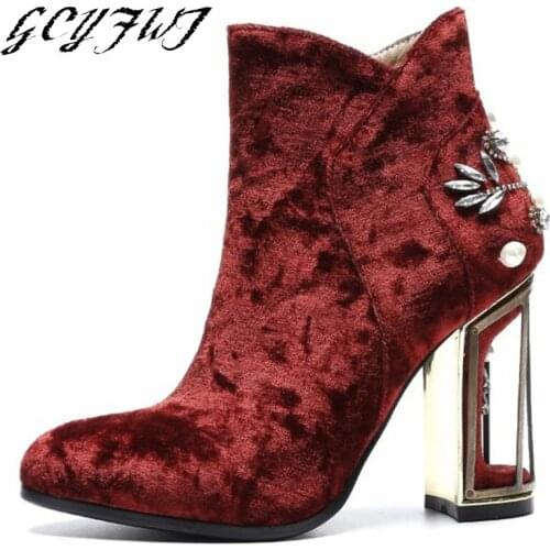 Womens Ankle Boots Winter Flock Crystal Strange Heels High Heel Ladies Shoes Solid Color Zipper-Sid Warmest Retro Botines Mujer