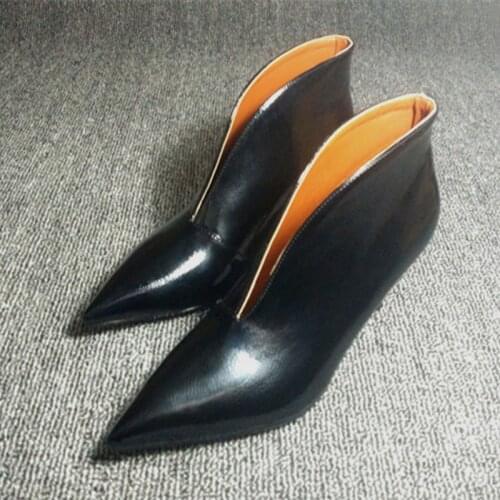 V-Pointed Toe Single Boots Black Slip-On Womens Short Boots Fashion High Heel Boots White Thin Heels Patent Leather Pumps