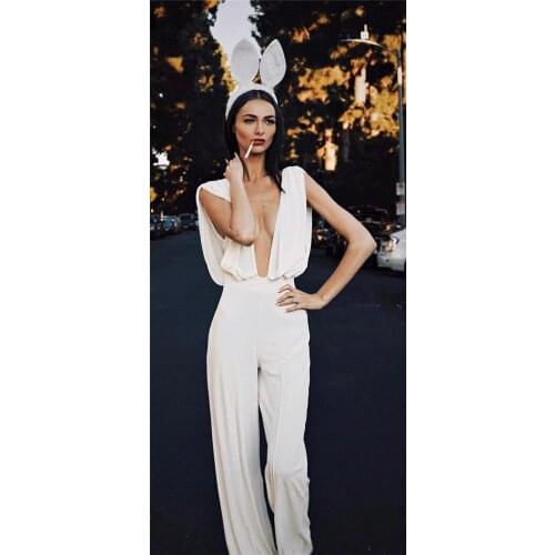 New Arrival Luxury Sexy V-Neck Sleeveless Fashion White Women Rompers Night Party Jumpsuits