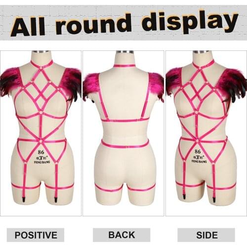 Pastel Goth Feathers Full Body Harness For Women Adjust Waist Size Suspender Belt Pole Dance Rave Costume Thigh Bands Garters