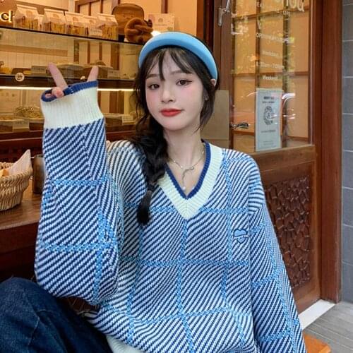 Plaid V Neck Oversized Fashion Harajuku Womens sweater Casual Loose Knit Jumper Japanese streetwear Retro Female Pullover tops