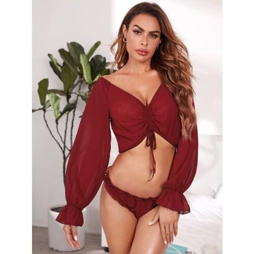 2021 New Women Long Sleeves + Briefs Drawstring Fold Decoration Ruffle Sexy V-neck Summer Clothing Crop Top Bottoms Nightwear
