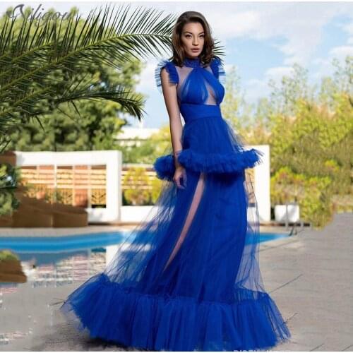 Ailigou 2021 New Ladies High Quality Luxury Blue Layered Transparent Tulle Sexy Dress Ruffled Polar Celebrity Club Party Dress